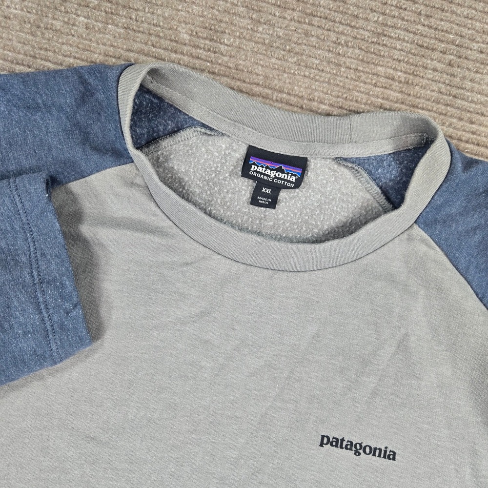 Patagonia Mens XXL Grey Blue Raglan Organic Cotton Logo Crewneck Sweatshirt